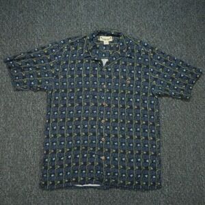 Paradise Coves‎ Shirt Men Medium Blue Floral Palm Silk Short Sleeve *